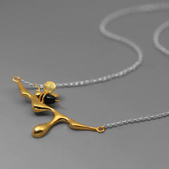 S925 Silver Bee Pendant Necklace with Agate and Gold