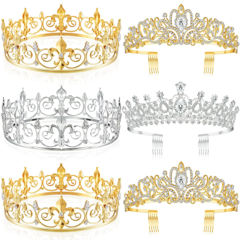 Juexica 6 Pieces Prom King Crown Metal Baroque King and Queen Prince Princess Crystal Headband Tiara Crown Wedding Bridal Accessories for Women Men(Gold Silver Elegant Style)